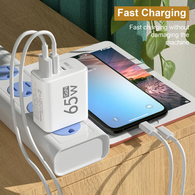 65W GaN Type C PD Charger 3 Ports USB Fast Charging Cellphone Adapter Quick Charger 3.0 For iPhone 16 15 Xiaomi Samsung Huawei