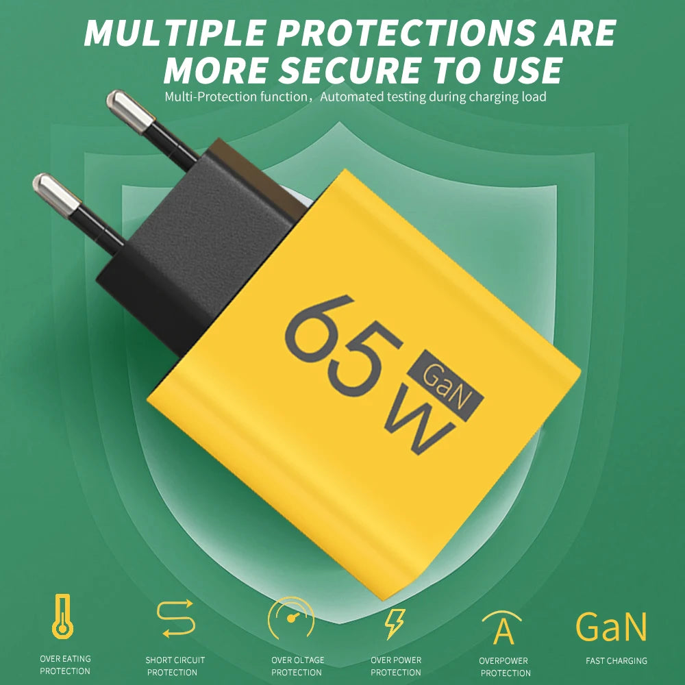 65W GaN Type C PD Charger 3 Ports USB Fast Charging Cellphone Adapter Quick Charger 3.0 For iPhone 16 15 Xiaomi Samsung Huawei
