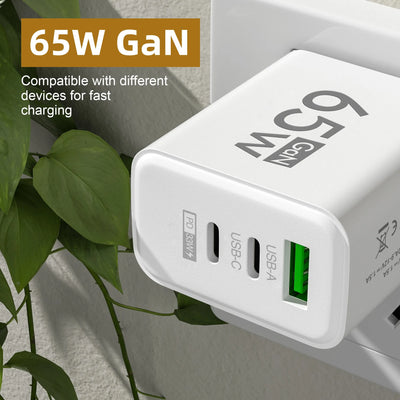 65W GaN Type C PD Charger 3 Ports USB Fast Charging Cellphone Adapter Quick Charger 3.0 For iPhone 16 15 Xiaomi Samsung Huawei