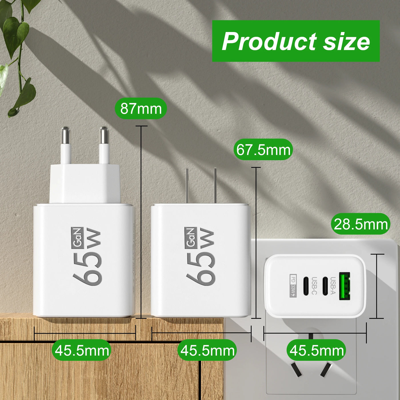 65W GaN Type C PD Charger 3 Ports USB Fast Charging Cellphone Adapter Quick Charger 3.0 For iPhone 16 15 Xiaomi Samsung Huawei