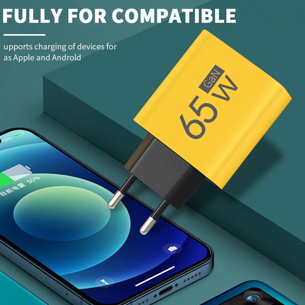 65W GaN Type C PD Charger 3 Ports USB Fast Charging Cellphone Adapter Quick Charger 3.0 For iPhone 16 15 Xiaomi Samsung Huawei