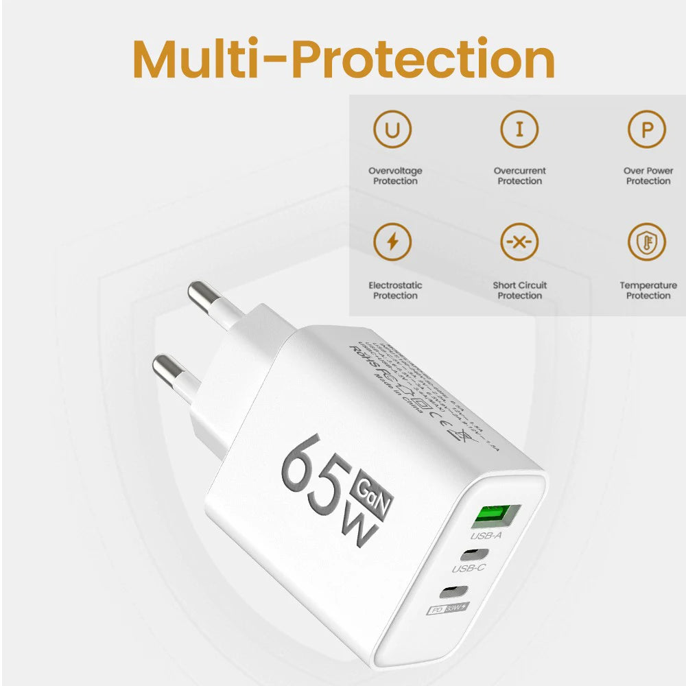 65W GaN Type C PD Charger 3 Ports USB Fast Charging Cellphone Adapter Quick Charger 3.0 For iPhone 16 15 Xiaomi Samsung Huawei