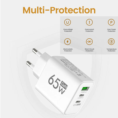 65W GaN Type C PD Charger 3 Ports USB Fast Charging Cellphone Adapter Quick Charger 3.0 For iPhone 16 15 Xiaomi Samsung Huawei