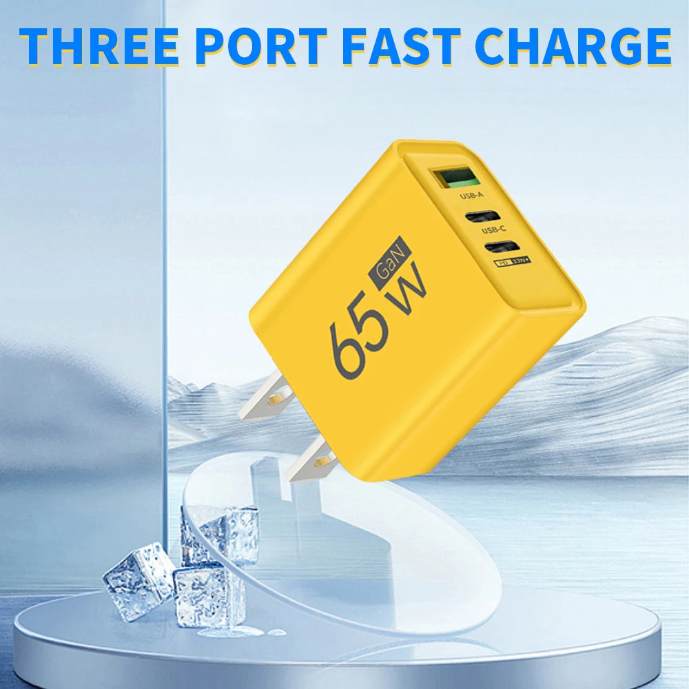 65W GaN Type C PD Charger 3 Ports USB Fast Charging Cellphone Adapter Quick Charger 3.0 For iPhone 16 15 Xiaomi Samsung Huawei