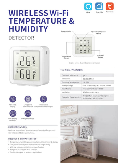 Smarsecur Smart Home Tuya WiFi Temperature Humidity High Accuracy T&H Sensor with Display