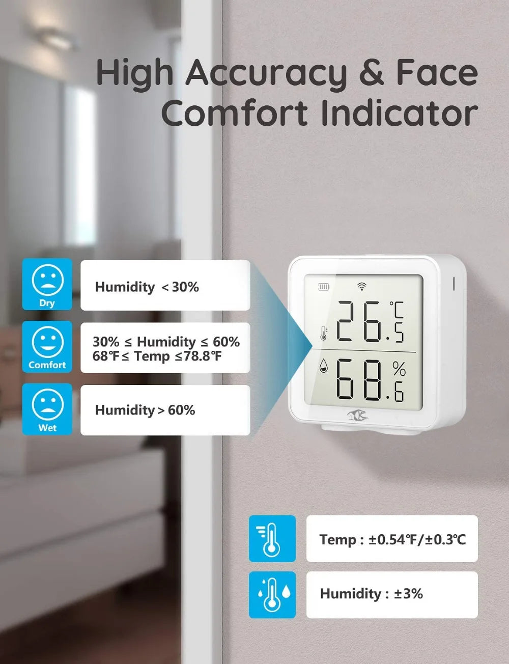 Smarsecur Smart Home Tuya WiFi Temperature Humidity High Accuracy T&H Sensor with Display