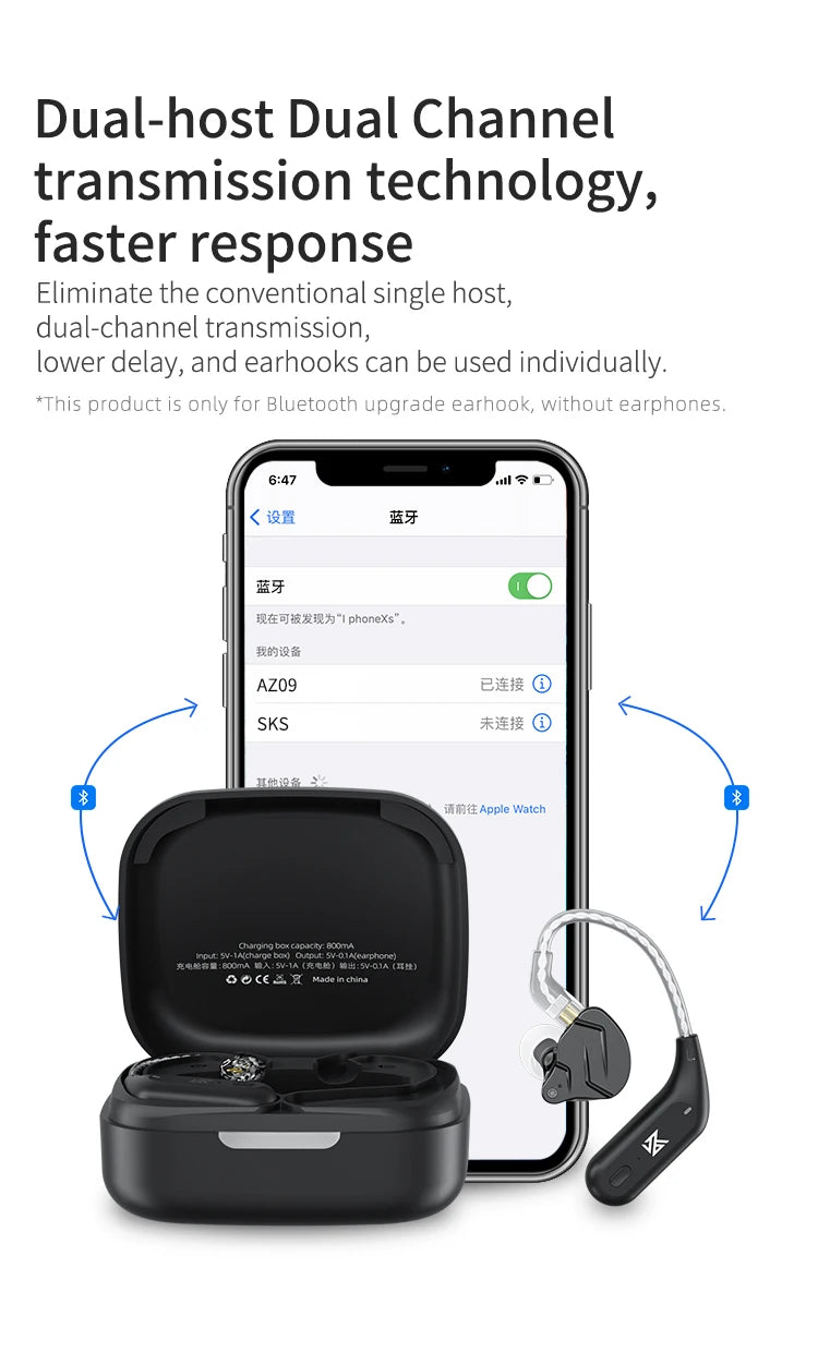 KZ AZ09 Bluetooth 5.2 Wireless Upgrade Cable  HIFI Wireless Ear Hook With Charging Case For KZ TRN CCA Earphones Headset