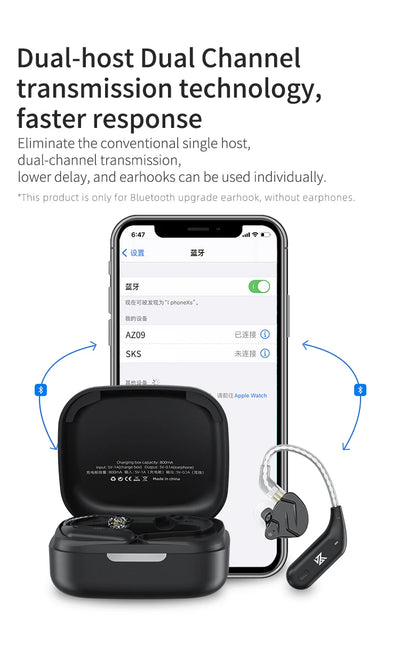 KZ AZ09 Bluetooth 5.2 Wireless Upgrade Cable  HIFI Wireless Ear Hook With Charging Case For KZ TRN CCA Earphones Headset
