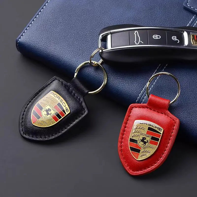 Car Keychain Holder Shield Leather Key Ring Chain Pendant Gifts For Porsche Cayenne Panamera Macan Boxster 911 Carrera-GT 928