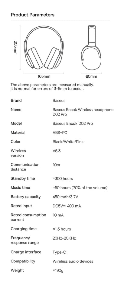 Baseus D02 Pro Wireless Headphones Bluetooth Earphone 5.3 Foldable Headset Sport Over the Ear Headphone Gaming Bluetooth Earbuds