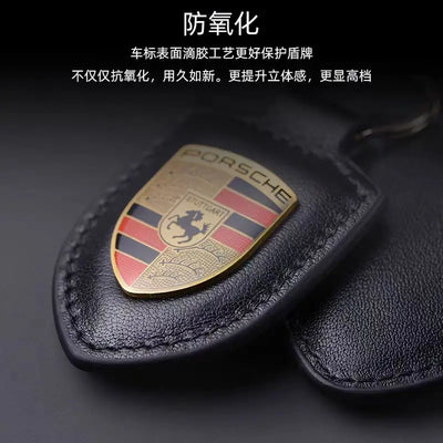 Car Keychain Holder Shield Leather Key Ring Chain Pendant Gifts For Porsche Cayenne Panamera Macan Boxster 911 Carrera-GT 928
