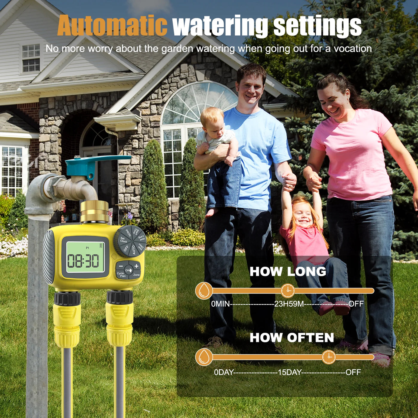 Haozee Smart Water Timer Intelligent 1/2/3-Outlet Irrigation Watering System Sprinkler Timer Garden Programmer IPX7 LCD Display