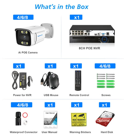 8CH H.265 POE CCTV NVR System 4K Ai Colorful Night Vision Waterproof IP Camera 8MP Two-Way Audio Video Security Camera Set