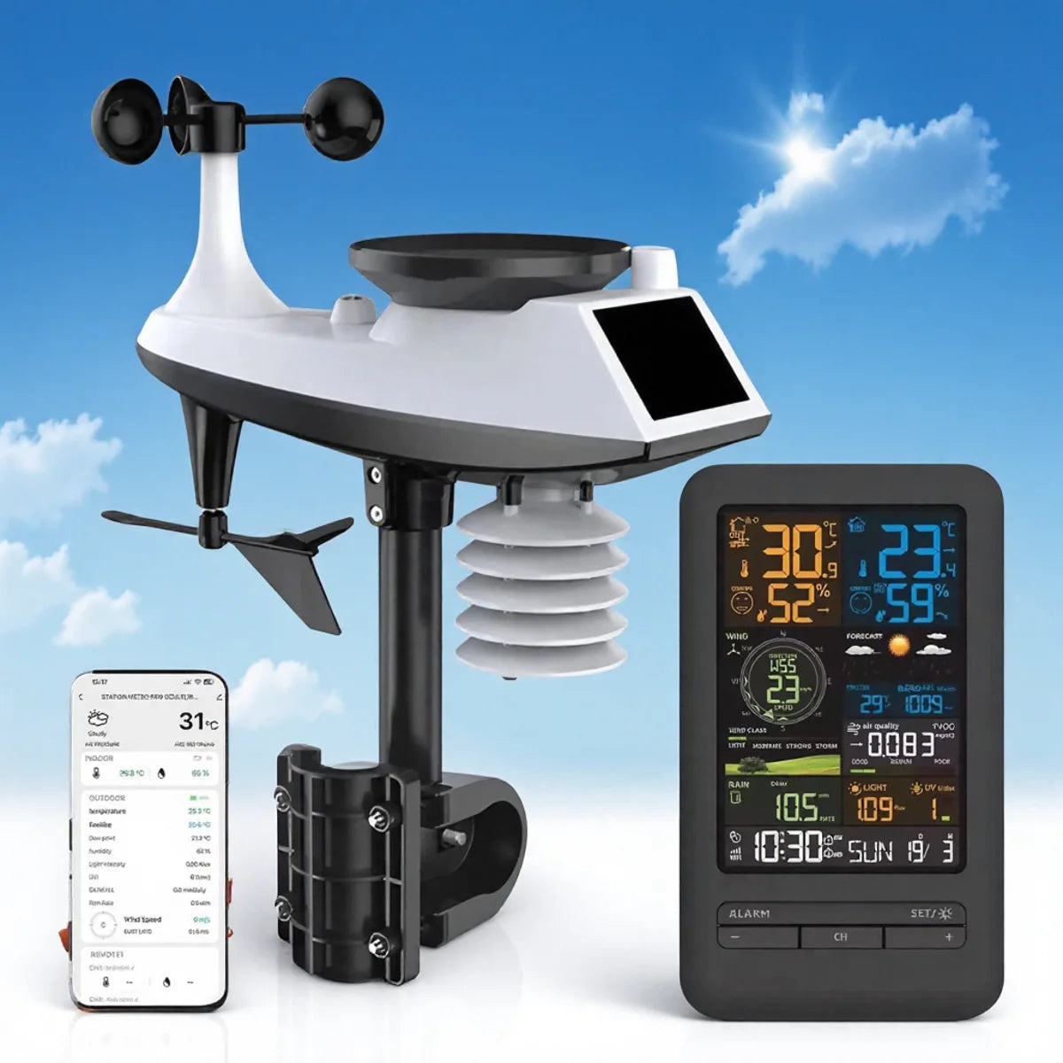 Smart Home Weather Station Monitor Temperature Humidity Wind Speed Rainfall UV Index TVOC Sensor Auto Timer Perpetual Calendar