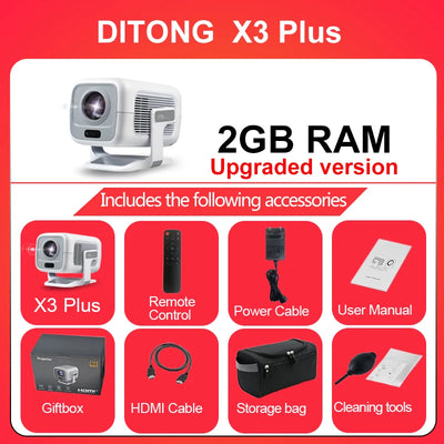 DITONG X3Plus HD projector Native 1080P support 4K WIFI6 BT5.4 Android projector Auto-focus Auto-keystone Home theater projector
