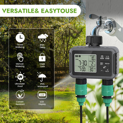 Haozee Smart Water Timer Intelligent 1/2/3-Outlet Irrigation Watering System Sprinkler Timer Garden Programmer IPX7 LCD Display