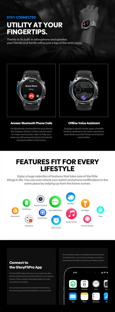 New Zeblaze Stratos 2 Ultra GPS Smart Watch Built-in Compass Barometric Altimeter Dual-band GNSS Voice Calling Smartwatch 10 ATM