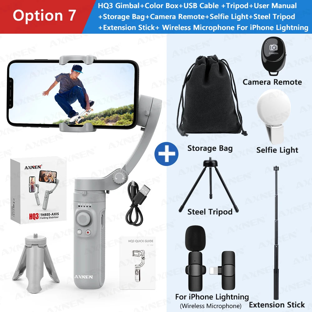 HQ3 Handheld Vlog Stabilizer 3-Axis Gimbal Video Record Self Anti Shake Phone Holder for Smartphone Tiktok live Photography Kit