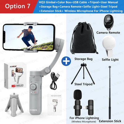 HQ3 Handheld Vlog Stabilizer 3-Axis Gimbal Video Record Self Anti Shake Phone Holder for Smartphone Tiktok live Photography Kit