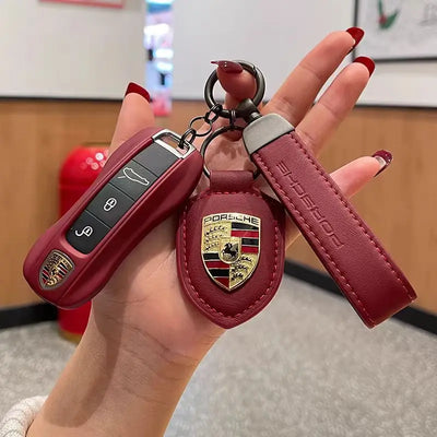 Car Keychain Holder Shield Leather Key Ring Chain Pendant Gifts For Porsche Cayenne Panamera Macan Boxster 911 Carrera-GT 928