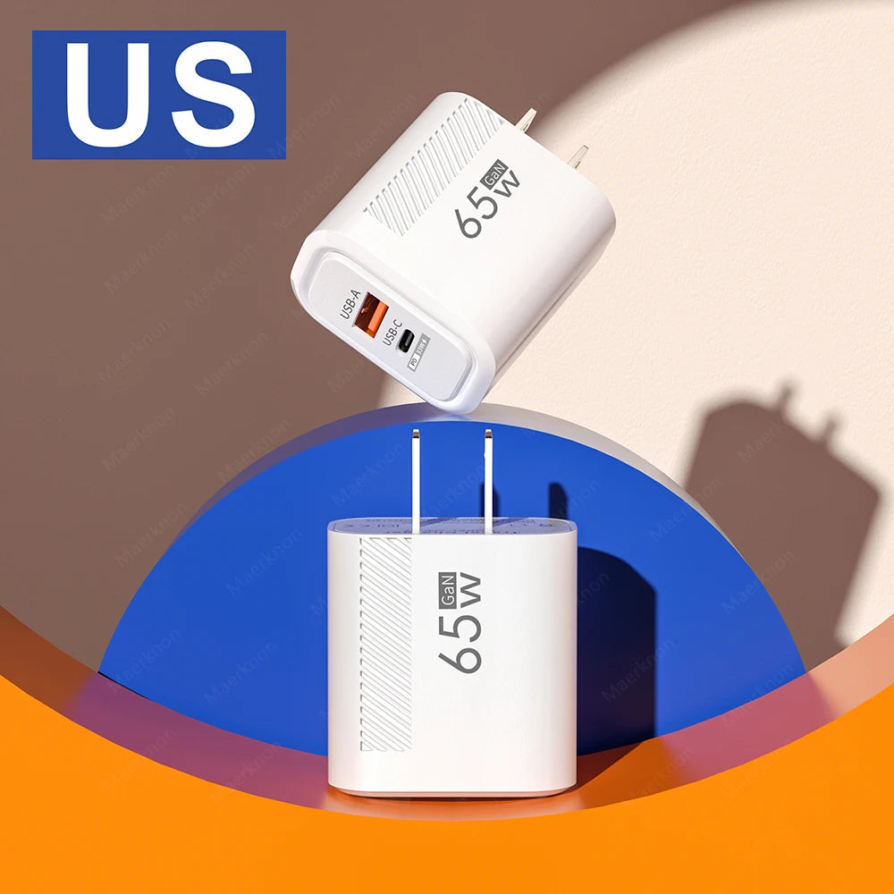 Total 65W USB C Charger GaN Fast Charging Wall Charger For iPhone Samsung Xiaomi Quick Charge EU/US Plug Phone Charger Adapter
