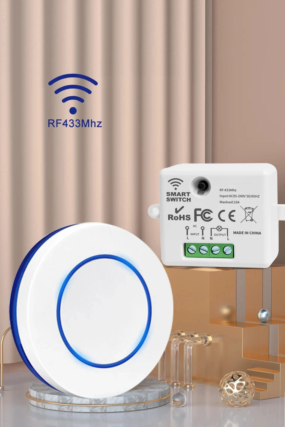 RF 433MHz Wireless Remote Control Light Switch 220V 110V 10A Relay Receiver Mini Round Button Wall Panel Switch For LED Lamp