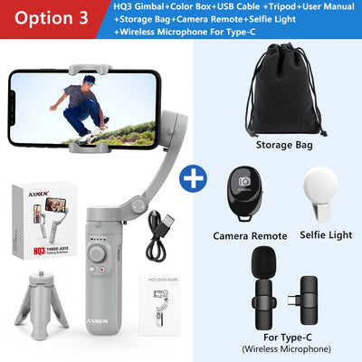 HQ3 Handheld Vlog Stabilizer 3-Axis Gimbal Video Record Self Anti Shake Phone Holder for Smartphone Tiktok live Photography Kit