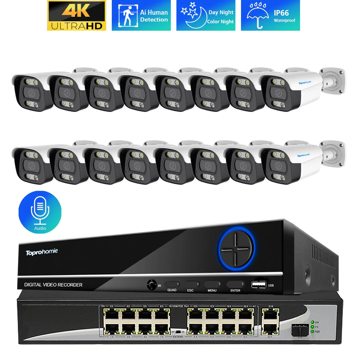 16CH 4K 8MP H.265 POE NVR CCTV Security Camera System with 5MP Audio Record IP66 Outdoor Waterproof IP Camera Video Surveillance