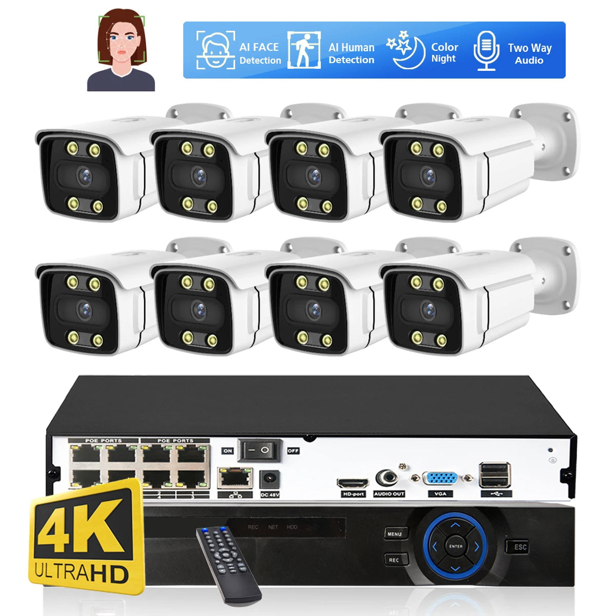 8CH 4K Security Camera System NVR 8MP Face Detect Color Night Vision IP Camera POE 2K Two Way Audio Video Surveillance Set