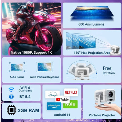 DITONG X3Plus HD projector Native 1080P support 4K WIFI6 BT5.4 Android projector Auto-focus Auto-keystone Home theater projector
