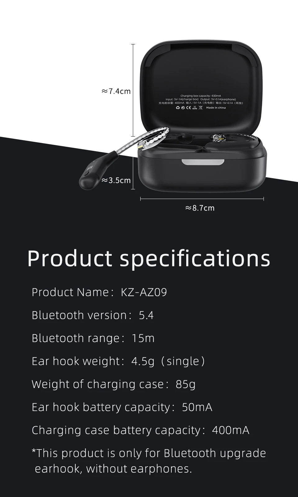 KZ AZ09 Bluetooth 5.2 Wireless Upgrade Cable  HIFI Wireless Ear Hook With Charging Case For KZ TRN CCA Earphones Headset
