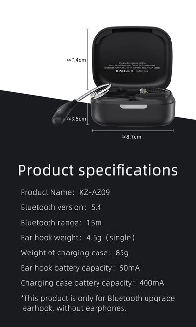KZ AZ09 Bluetooth 5.2 Wireless Upgrade Cable  HIFI Wireless Ear Hook With Charging Case For KZ TRN CCA Earphones Headset