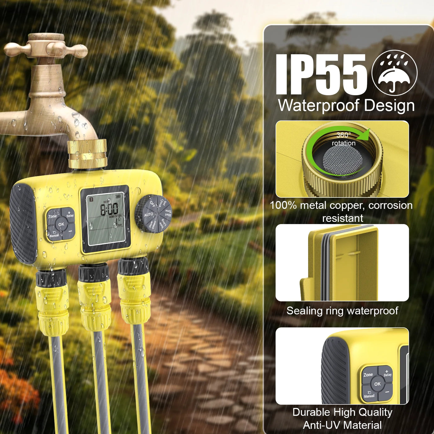 Haozee Smart Water Timer Intelligent 1/2/3-Outlet Irrigation Watering System Sprinkler Timer Garden Programmer IPX7 LCD Display