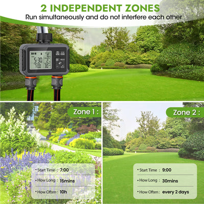 Haozee Smart Water Timer Intelligent 1/2/3-Outlet Irrigation Watering System Sprinkler Timer Garden Programmer IPX7 LCD Display