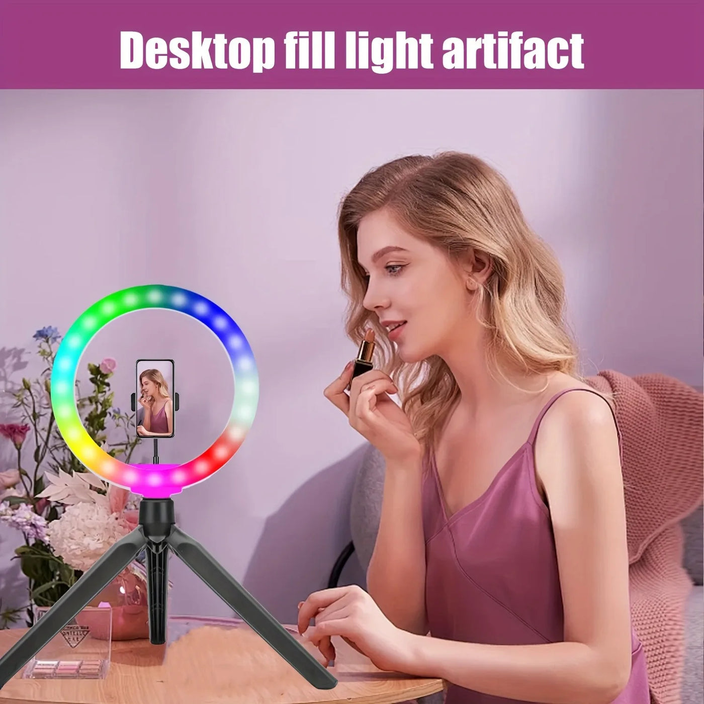1pc 8/10/12inch RGB Ring Light Kit with Adjustable Color, Sturdy Tripod & Phone Holder - USB Powered for Video, Selfies & Makeup