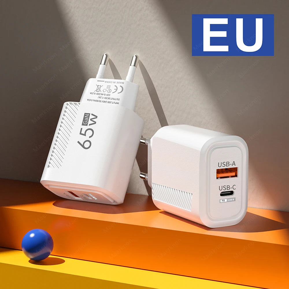 Total 65W USB C Charger GaN Fast Charging Wall Charger For iPhone Samsung Xiaomi Quick Charge EU/US Plug Phone Charger Adapter