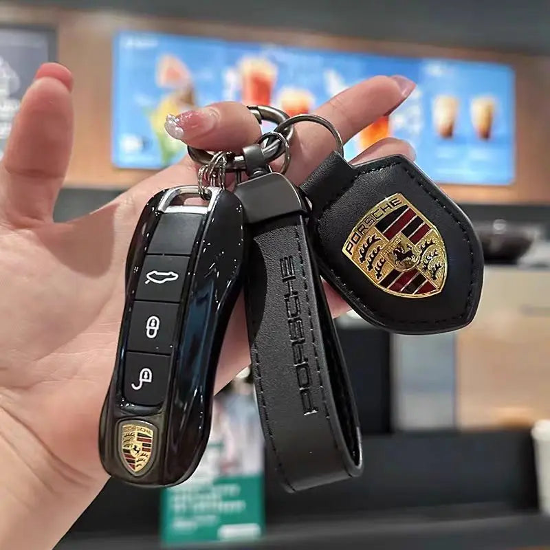 Car Keychain Holder Shield Leather Key Ring Chain Pendant Gifts For Porsche Cayenne Panamera Macan Boxster 911 Carrera-GT 928