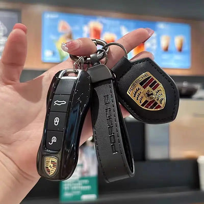 Car Keychain Holder Shield Leather Key Ring Chain Pendant Gifts For Porsche Cayenne Panamera Macan Boxster 911 Carrera-GT 928