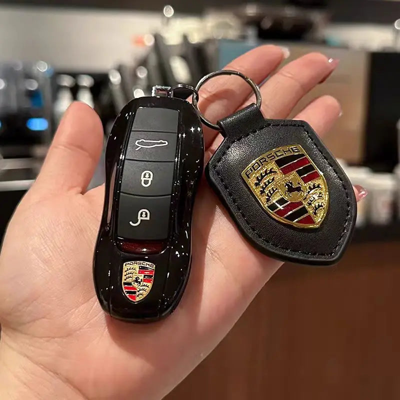 Car Keychain Holder Shield Leather Key Ring Chain Pendant Gifts For Porsche Cayenne Panamera Macan Boxster 911 Carrera-GT 928