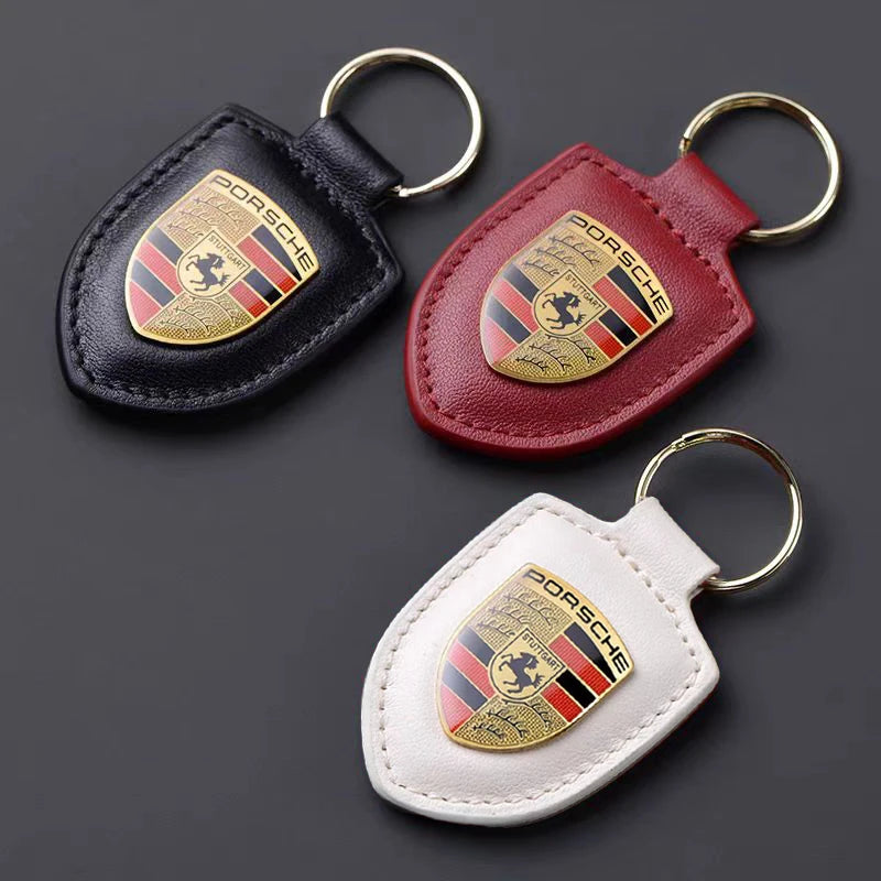 Car Keychain Holder Shield Leather Key Ring Chain Pendant Gifts For Porsche Cayenne Panamera Macan Boxster 911 Carrera-GT 928