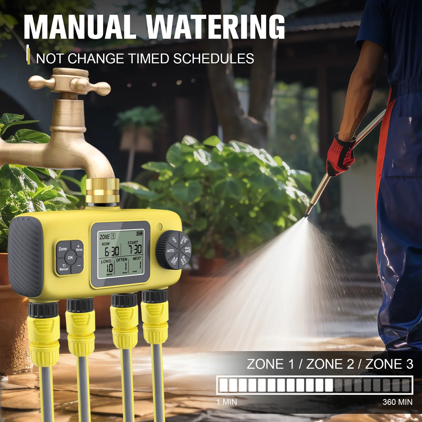 Haozee Smart Water Timer Intelligent 1/2/3-Outlet Irrigation Watering System Sprinkler Timer Garden Programmer IPX7 LCD Display