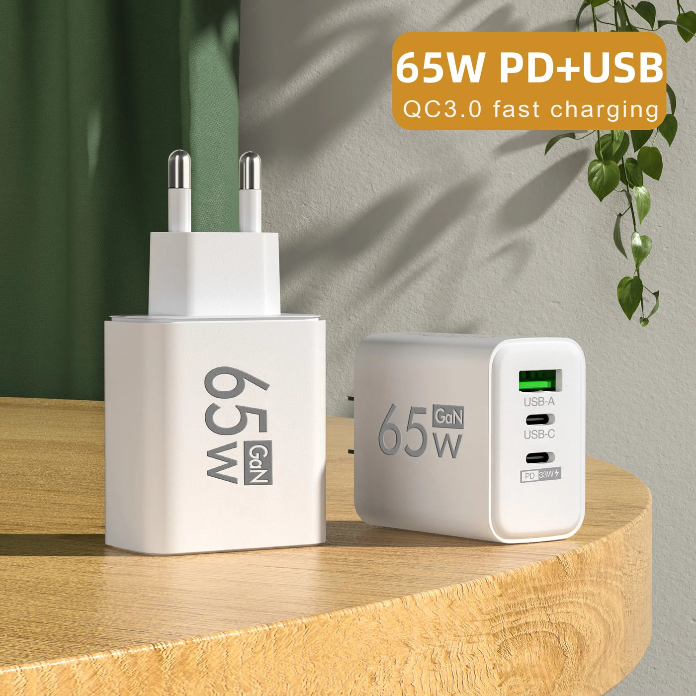 65W GaN Type C PD Charger 3 Ports USB Fast Charging Cellphone Adapter Quick Charger 3.0 For iPhone 16 15 Xiaomi Samsung Huawei
