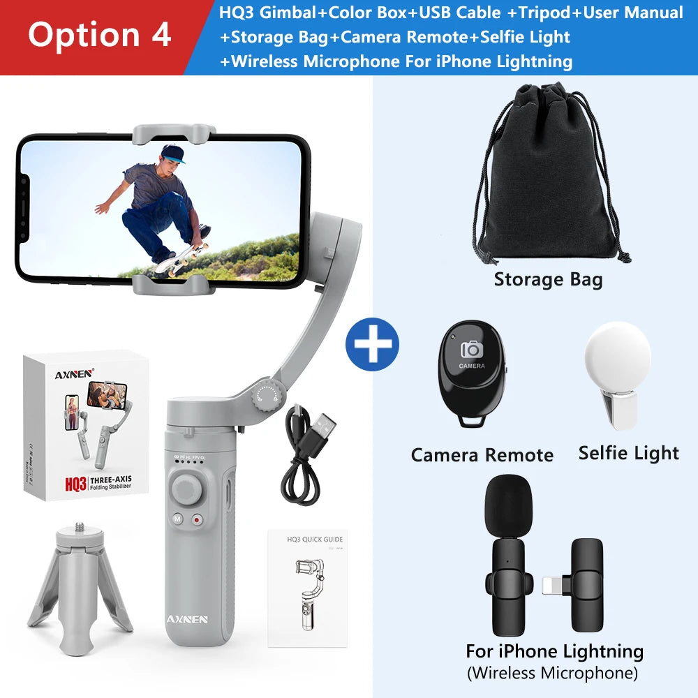 HQ3 Handheld Vlog Stabilizer 3-Axis Gimbal Video Record Self Anti Shake Phone Holder for Smartphone Tiktok live Photography Kit