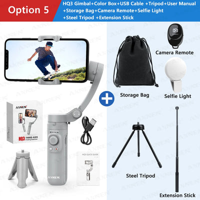 HQ3 Handheld Vlog Stabilizer 3-Axis Gimbal Video Record Self Anti Shake Phone Holder for Smartphone Tiktok live Photography Kit