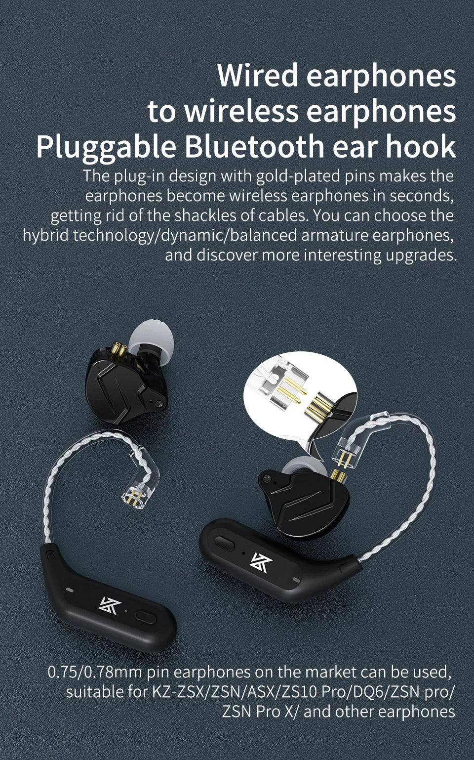 KZ AZ09 Bluetooth 5.2 Wireless Upgrade Cable  HIFI Wireless Ear Hook With Charging Case For KZ TRN CCA Earphones Headset