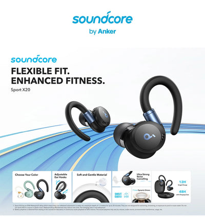 Soundcore by Anker Sport X20 True-Wireless Workout Earbuds Ear Hooks Earphone Bluetooth Wireless Bluetooth Headphones