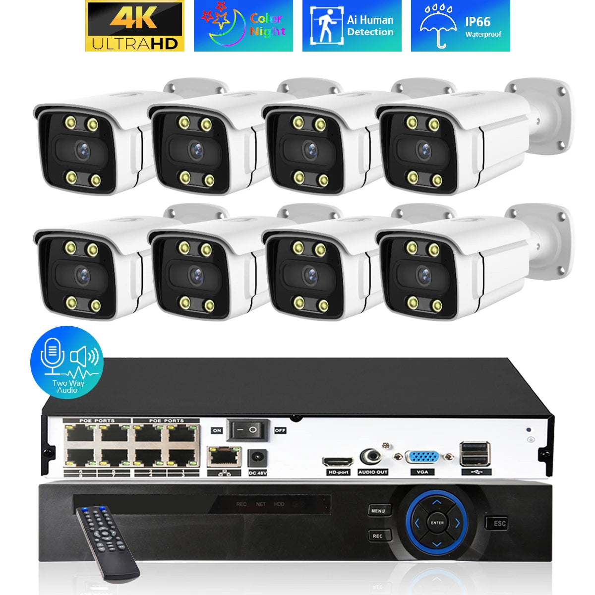 8CH H.265 POE CCTV NVR System 4K Ai Colorful Night Vision Waterproof IP Camera 8MP Two-Way Audio Video Security Camera Set