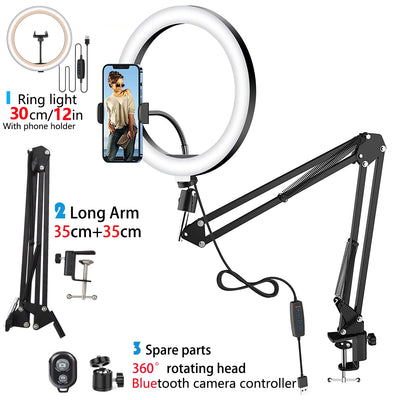LED Selfie Ring Light Phone Stand With Folding Arm Circle Fill Light Dimmable Tripod Photography RingLight For YouTobe Streaming