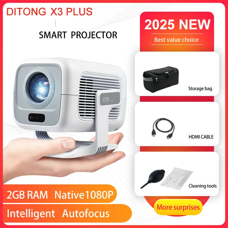 DITONG X3Plus HD projector Native 1080P support 4K WIFI6 BT5.4 Android projector Auto-focus Auto-keystone Home theater projector