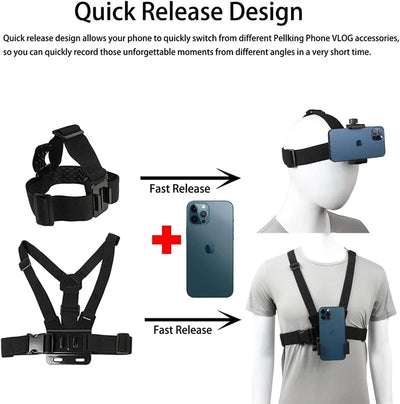 2 in 1 Mobile Phone Chest Strap Harness Stand Head Strap Holder Kit for IPhone GoPro POV Vlog Hands Free Universal Bracket Mount